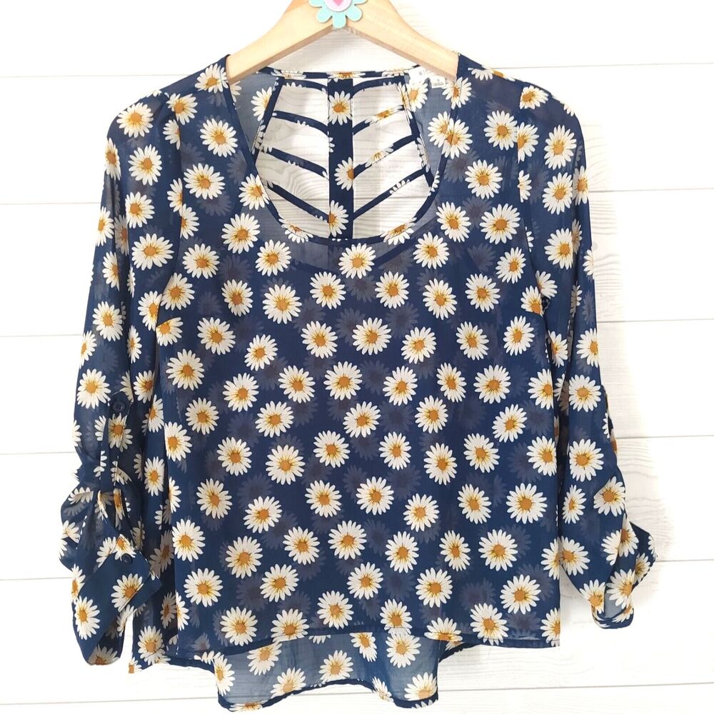 Miss Daisy Top Size Small Navy Blue White Daisy Print Blouse Cut Out Back